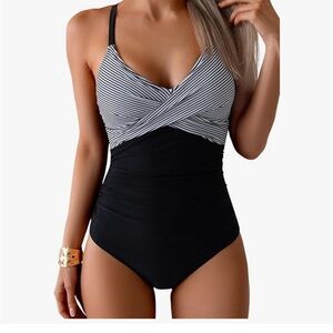Black One-Piece Swimsuit with striped top